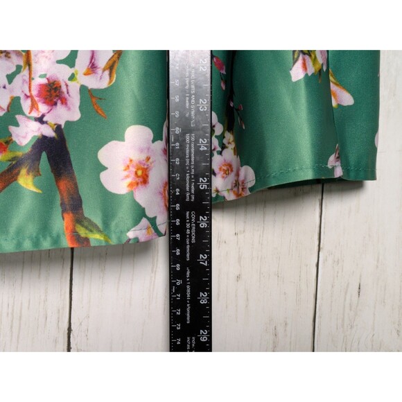 Floral Satin Pleated Skirt Green Pink Cherry Blossom Midi Size XL Cottagecore - Picture 8 of 8